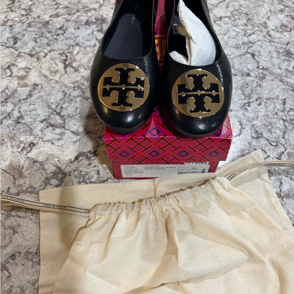 NWT - Tory Burch Black Claire Ballet Flats with Gold Accent
